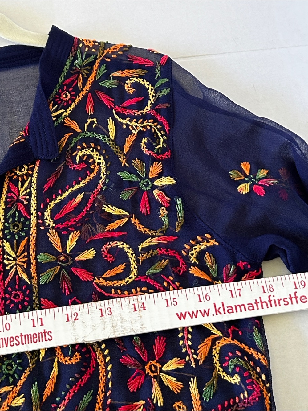 ROYAL MOTA SHEER NAVY BLUE TUNIC IS ADORNED WITH FLORAL & EMBROIDERED SZ 40 - Picture 10 of 12